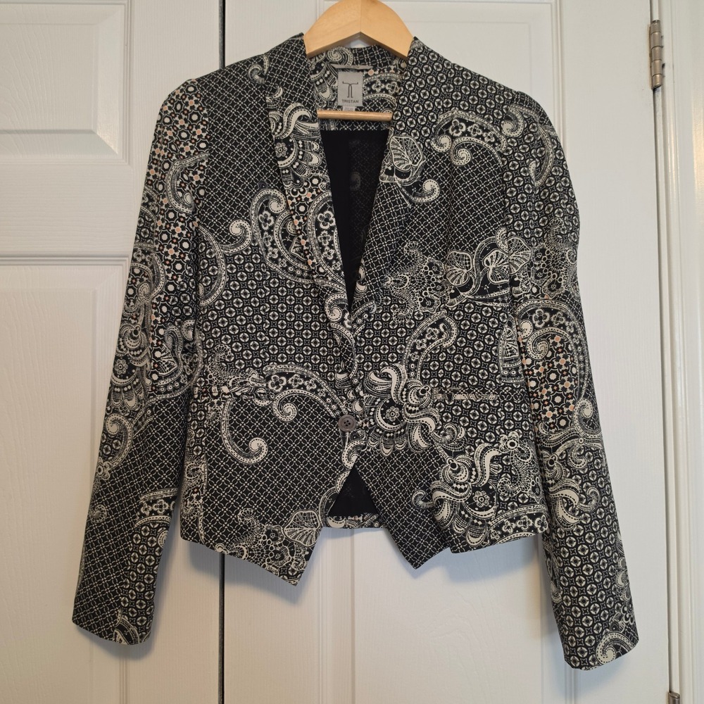 Tristan Paisley Geometric Print Single Button Blazer Black White Size Small